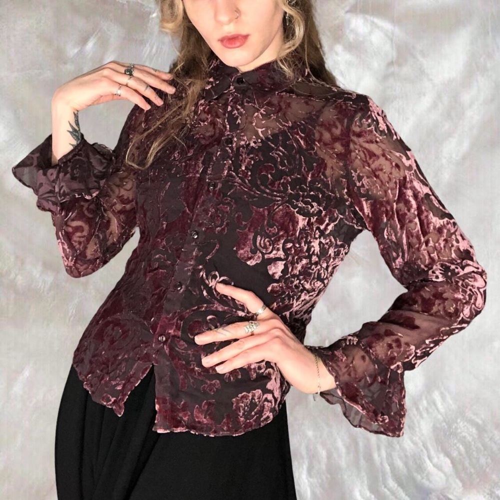 Vintage 90s Y2K Purple Velvet Floral Burnout Blouse